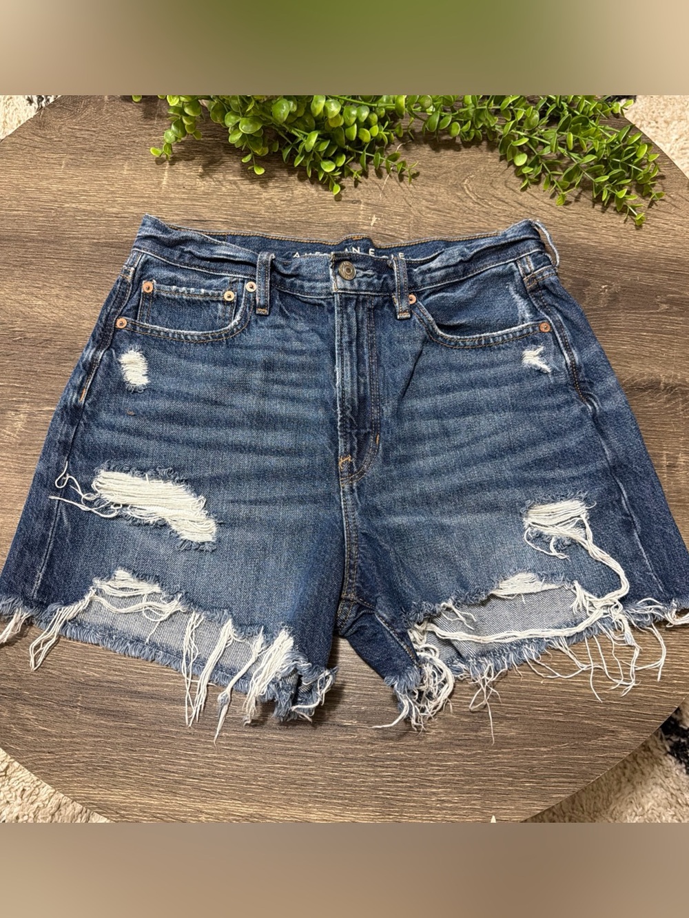 American Eagle High Rise “90’s” Boyfriend Dark Wash Distressed Rigid Shorts 8